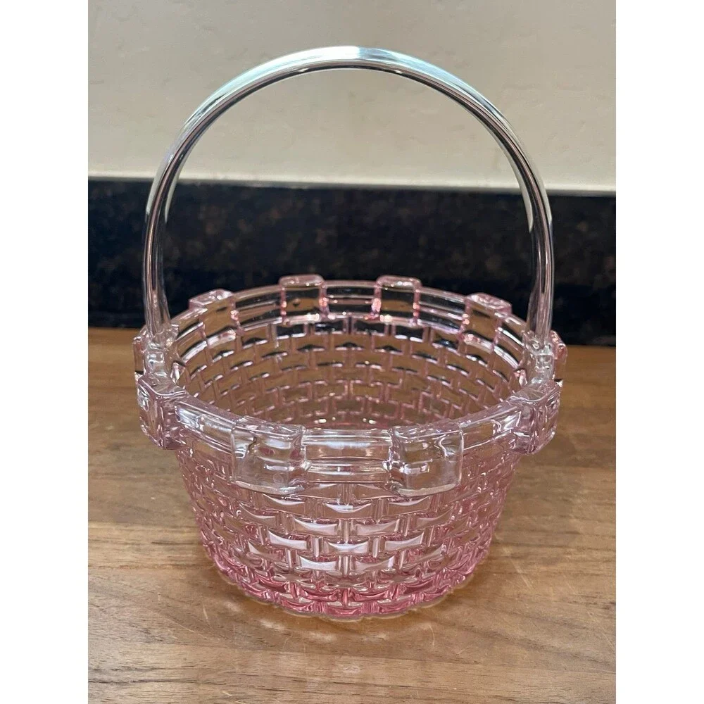 Vintage Pink Depression Glass Handled Basket